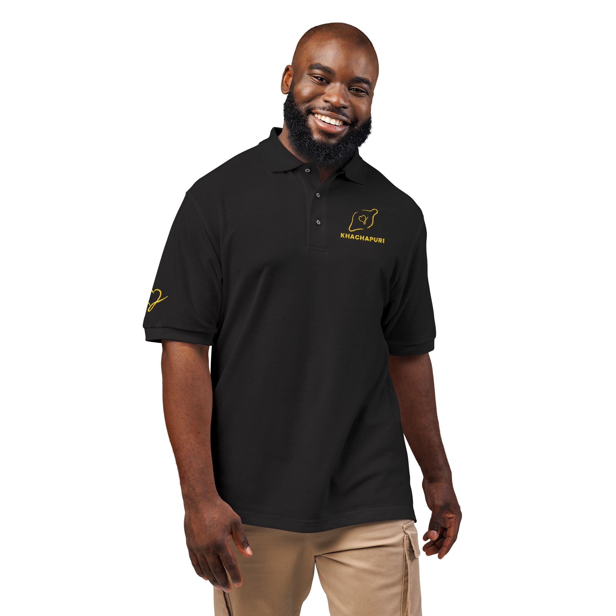 Embroidered Black Polo Shirt with Yellow Cat Logo - 'Meowchando'